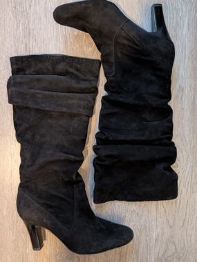 Nine West Black Suede Slouch Knee-High Heeled Boots